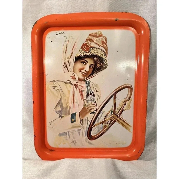 Coca Cola Collectable –Drinks Tray Gibson Girl Driving Car Rectangle Orange - Picture 1 of 5